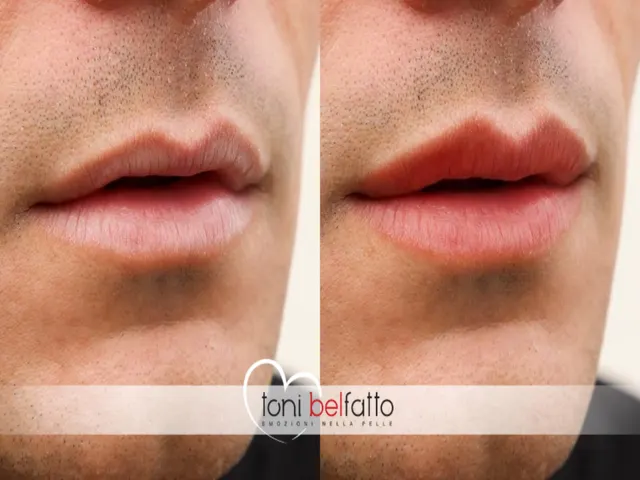 Maquillage permanent des lèvres chez un homme, avant et après