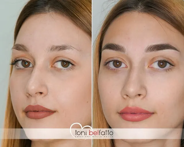Permanent makeup eyebrows, before and after