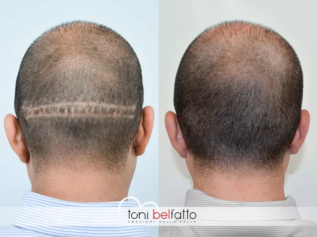 Scalp micropigmentation over a FUT transplant scar, before and after